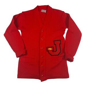 Vtg Sportsman's Letterman Cardigan Red Varsity Sweater Chenille Patch J Small